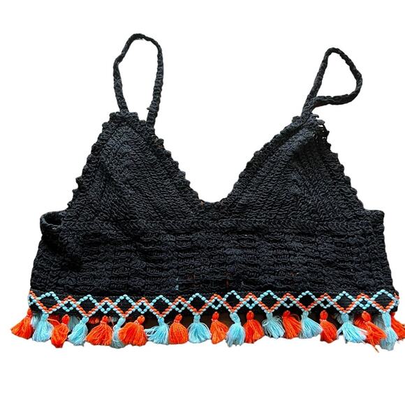 ADORA Tops - Adora Crocheted Black Tank Top with Pom Pom Fringes Size